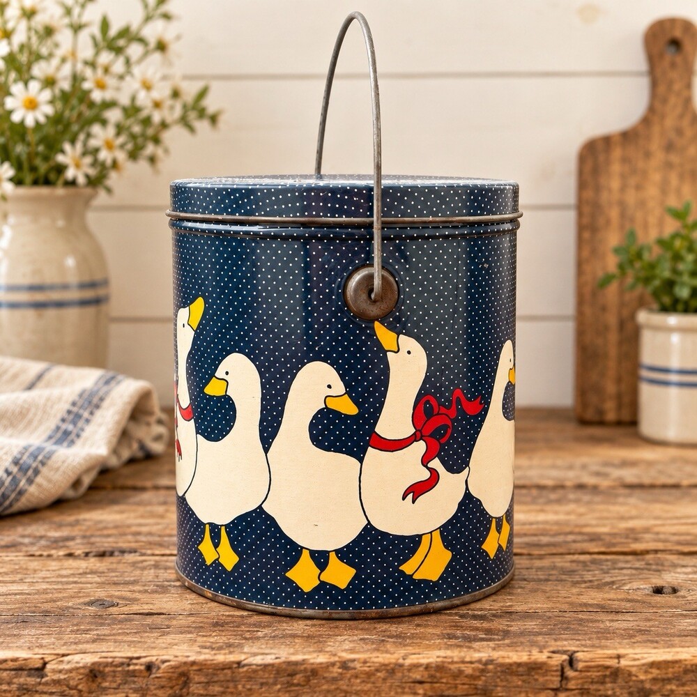 Vintage 1986 Howardesign Country Goose Popcorn Tin Navy Polka Dot Handle